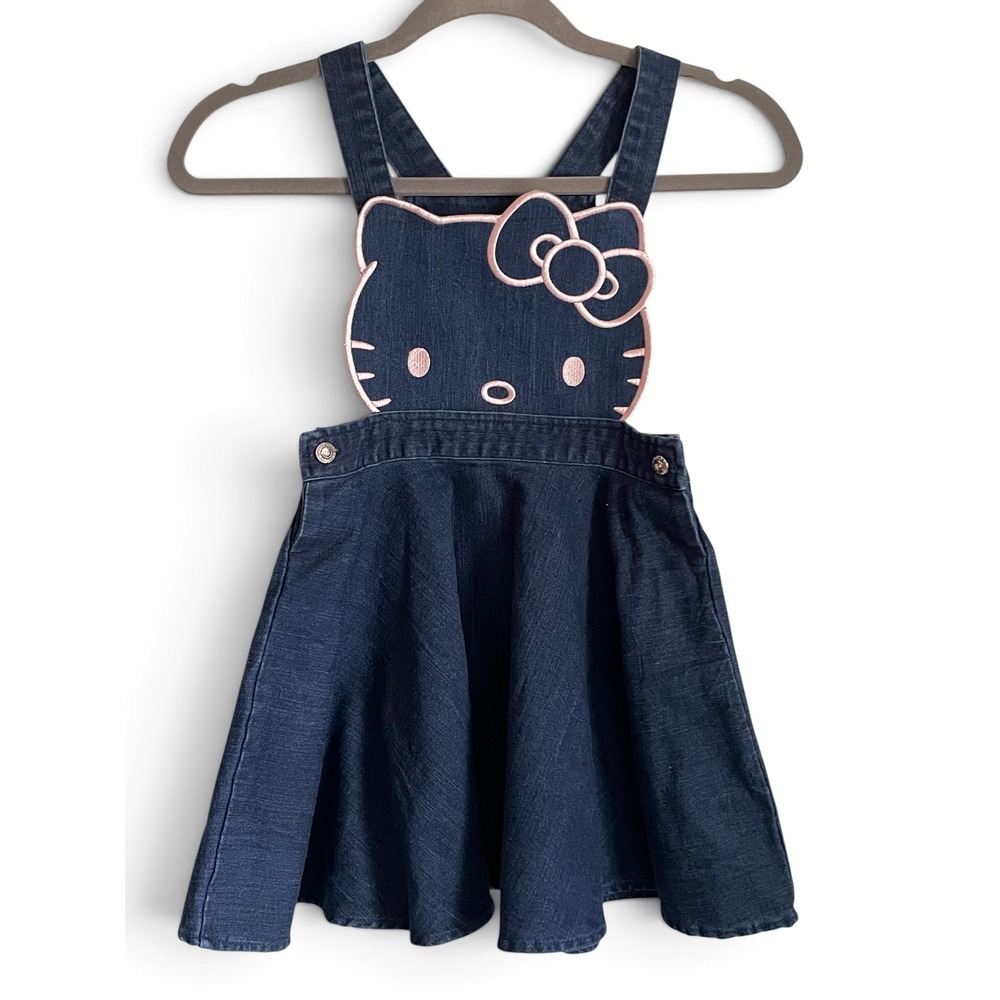 Sanrio Hello Kitty Denim Overall Jumper Skater Dress Girls Size 6 Dark Wash